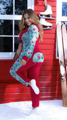 CT Lingerie plus size sexy jumpsuit holiday print red and teal snug onesie with gift pocket