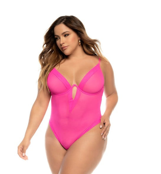 CT Lingerie plus size bodysuit in bright pink on model sheer cups and keyhole detail plus size teal bodysuit lingerie available