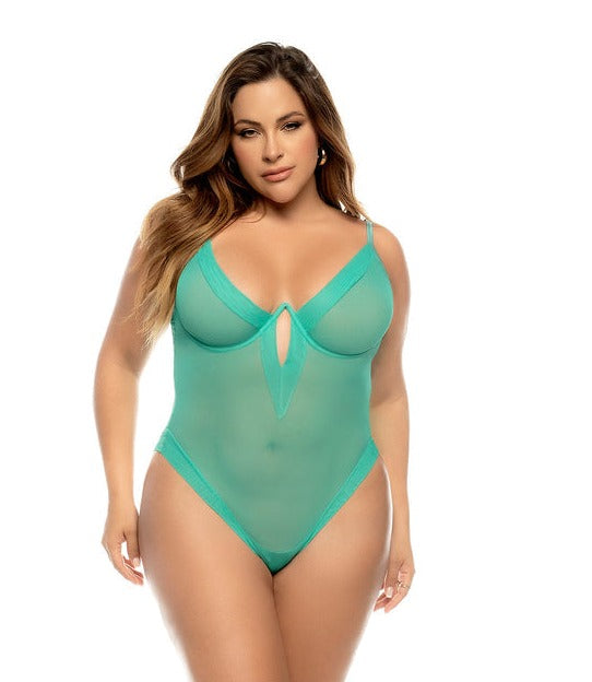 CT Lingerie plus size teal bodysuit lingerie sheer mesh plunge cups keyhole front adjustable straps