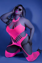 CT Lingerie plus size neon lingerie bodystocking in neon pink cutout design with thigh highs