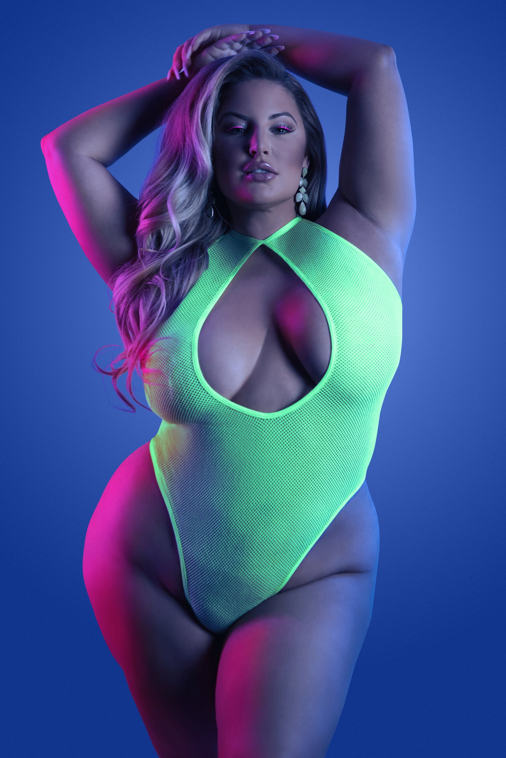 CT Lingerie plus size neon lingerie high cut bodysuit with front keyhole and stretch mesh fabric