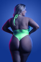 CT Lingerie plus size bodysuit neon green halter high cut back view on blonde model plus size neon lingerie