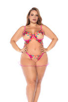 CT Lingerie plus size babydoll lingerie pink sheer floral embroidered bra and matching thong set