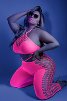 CT Lingerie plus size lingerie set neon pink bodystocking with lattice cutouts and halter straps