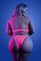 CT Lingerie plus size mesh lingerie set bright pink back view showing bra clasp and high cut thong on model