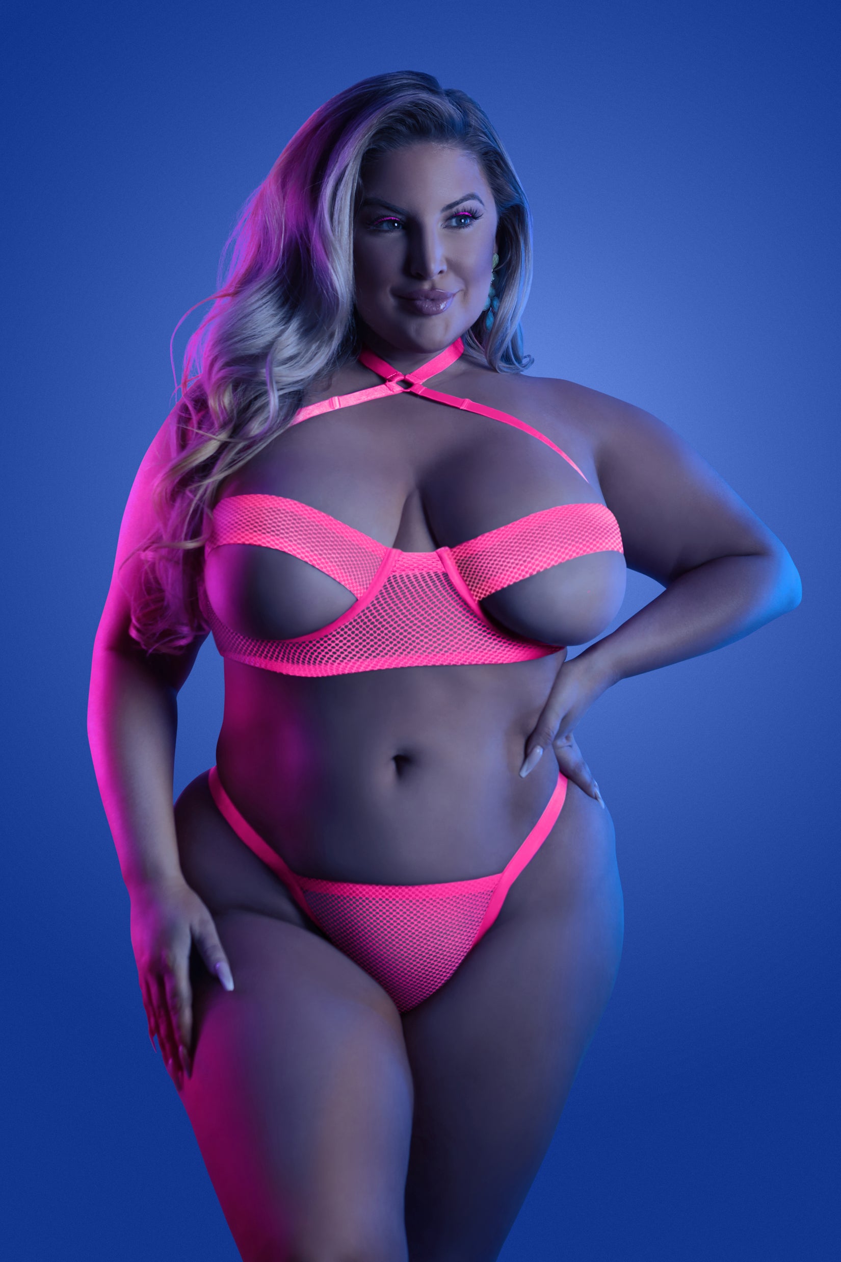 CT Lingerie plus size mesh lingerie set hot pink crisscross bra and matching thong on model