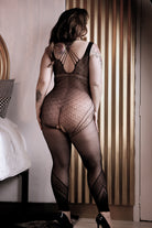 CT Lingerie plus size fishnet bodystocking in black with strappy back open crotch modeled from rear view