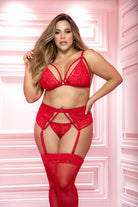 plus size red lingerie set by CT Lingerie lace bra garter belt thong and stockings on model
