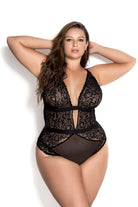 CT Lingerie plus size lace bodysuit black sheer floral lace plunge neckline high cut leg