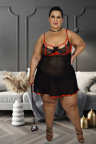 CT Lingerie model wearing black red babydoll nightwear plus size sheer black skirt and red lace underwire cups