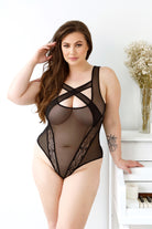 plus size sheer lingerie black bodysuit by CT Lingerie with crisscross straps and lace panels on model