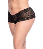 CT Lingerie plus size lace boyshorts in black sheer floral lace low rise comfortable fit on model
