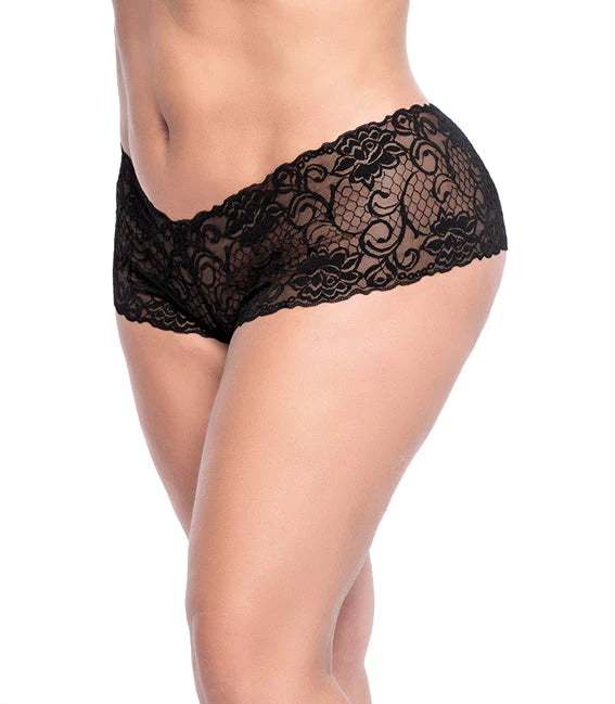 CT Lingerie plus size lace boyshorts in black sheer floral lace low rise comfortable fit on model