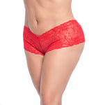 CT Lingerie red plus size lace boyshorts on model with v front waist and scalloped floral lace trim