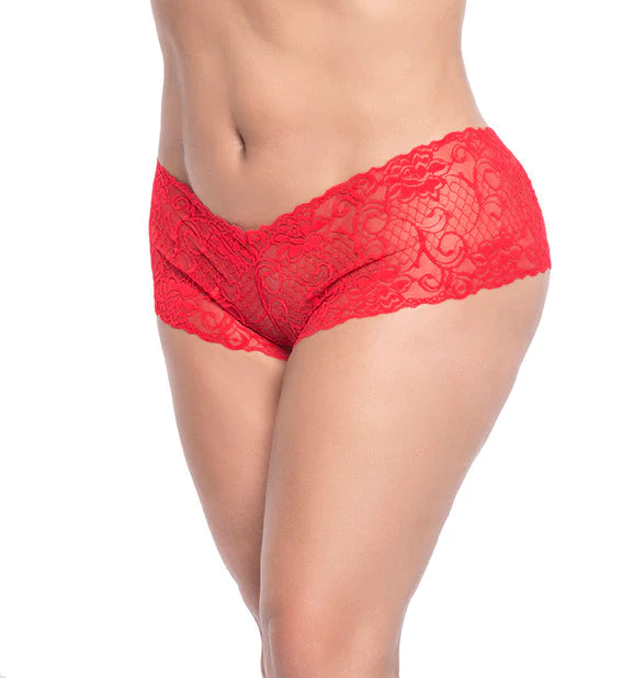 CT Lingerie red plus size lace boyshorts on model with v front waist and scalloped floral lace trim