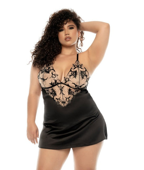 CT Lingerie plus size lingerie black satin babydoll with nude floral lace cups plunging neckline