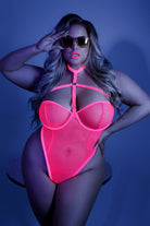 CT Lingerie plus size neon lingerie pink mesh bodysuit with harness straps sunglasses and blue studio lighting