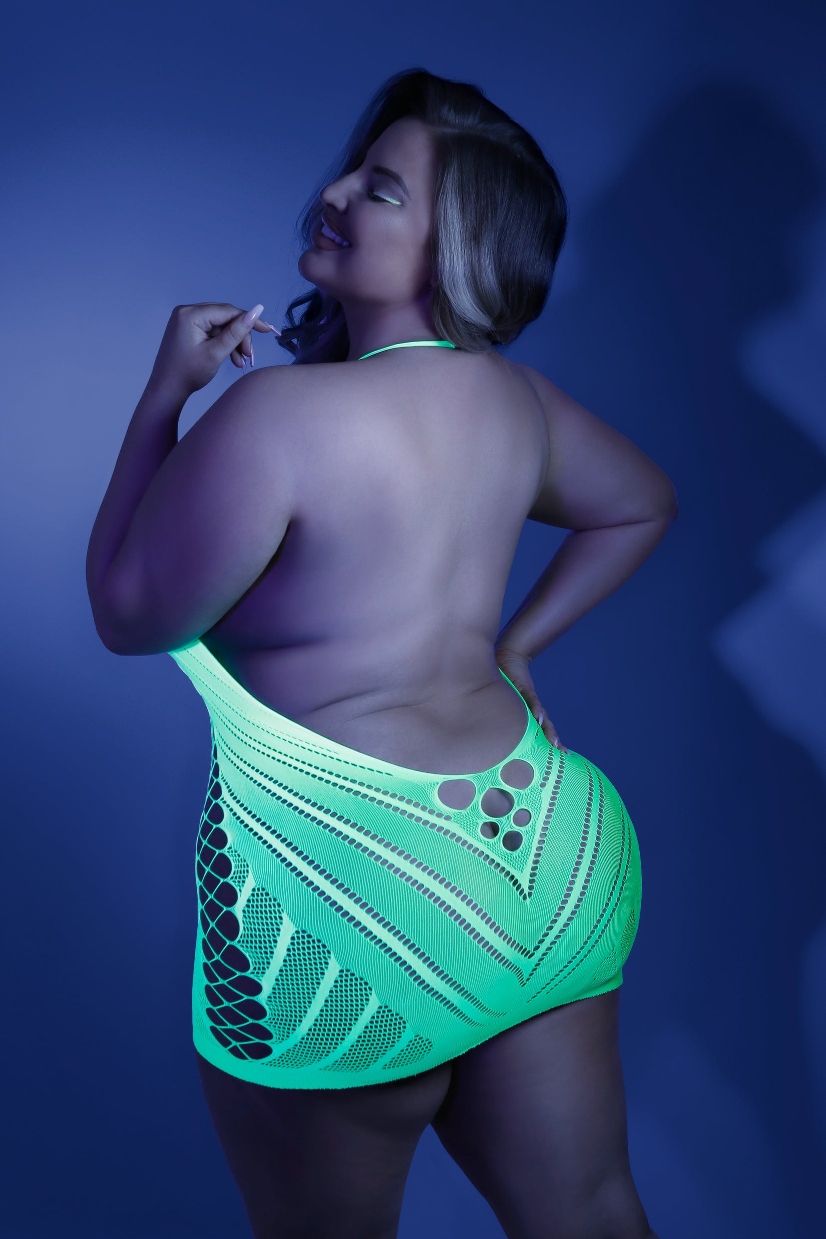 CT Lingerie GLOW plus size neon lingerie backless green fishnet mini dress glowing under blacklight