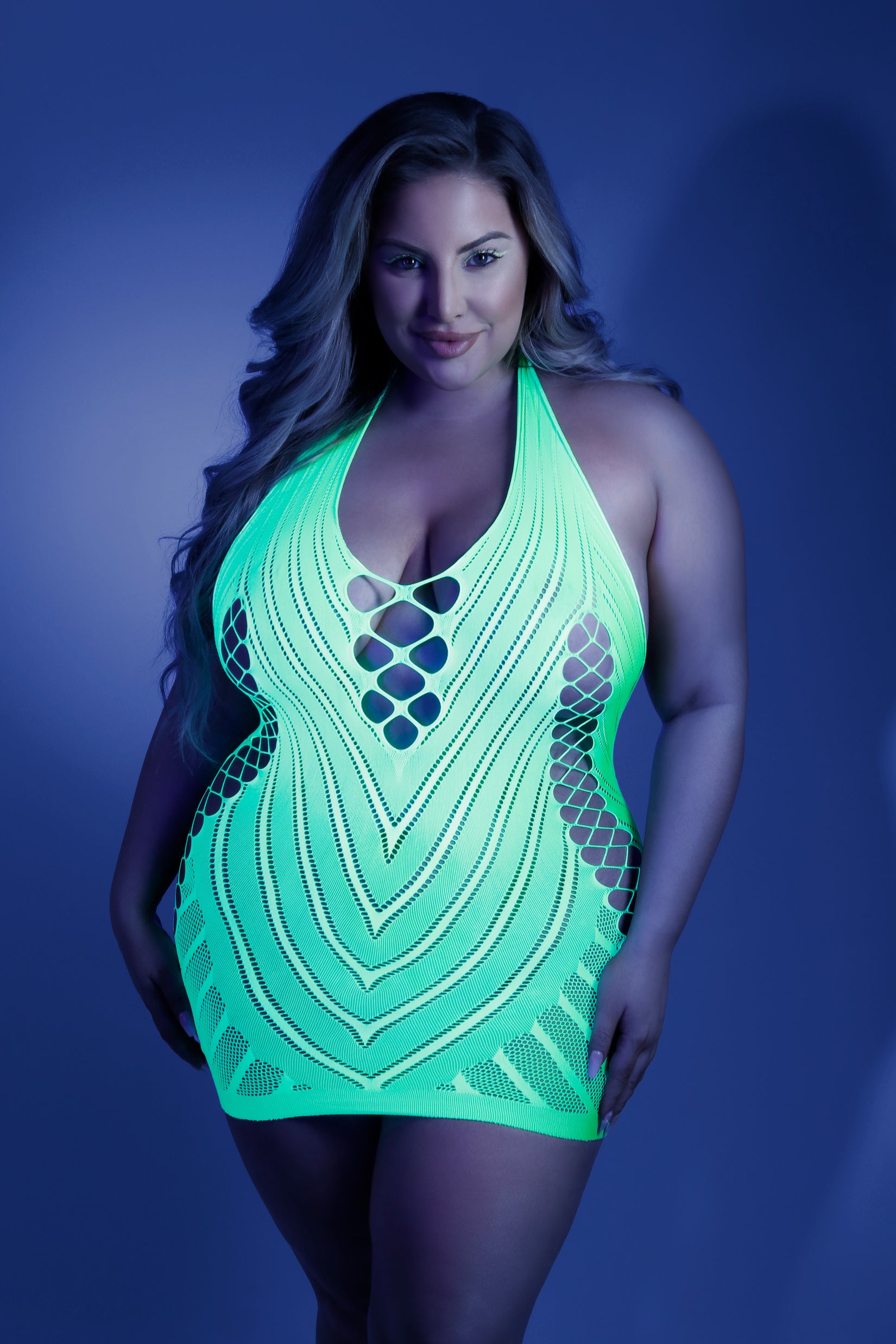 CT Lingerie plus size neon lingerie halter glow mini dress with geometric cutouts