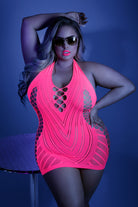 plus size neon lingerie halter bodycon mini dress by CT Lingerie in bright pink with fishnet cutouts
