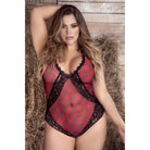 CT Lingerie plus size plaid lingerie bodysuit red plaid with black lace trim V neck on model
