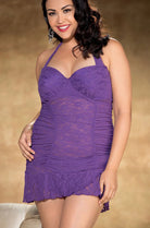 CT Lingerie clearance plus size purple lace lingerie halter chemise with ruched bodice and scalloped hem