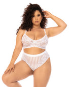 CT Lingerie plus size white lingerie set lace bralette and high waist sheer striped panty