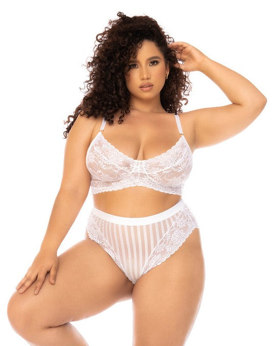 CT Lingerie plus size white lingerie set lace bralette and high waist sheer striped panty