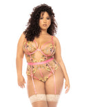 CT Lingerie plus size floral lingerie sheer embroidered pink strap bodysuit with garter and stockings