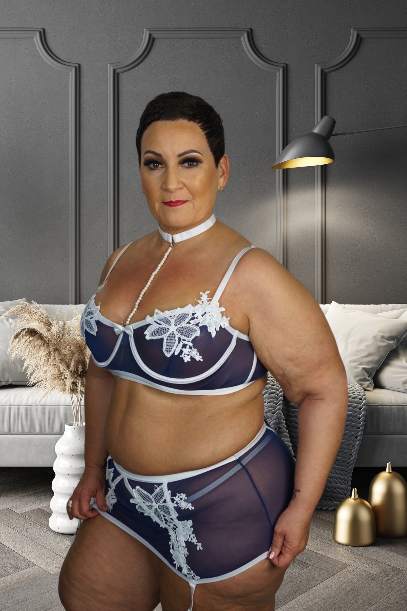 CT Lingerie clearance navy sheer bra and high waist briefs with white floral applique lingerie for curvy women