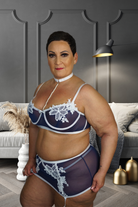 CT Lingerie clearance navy sheer bra and high waist briefs with white floral applique lingerie for curvy women