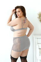 CT Lingerie CURVE gray lace bra and garter skirt on model showing back view plus size lingerie set