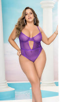 CT Lingerie plus size teddy lingerie in purple sheer mesh with underwire cups and keyhole front on model