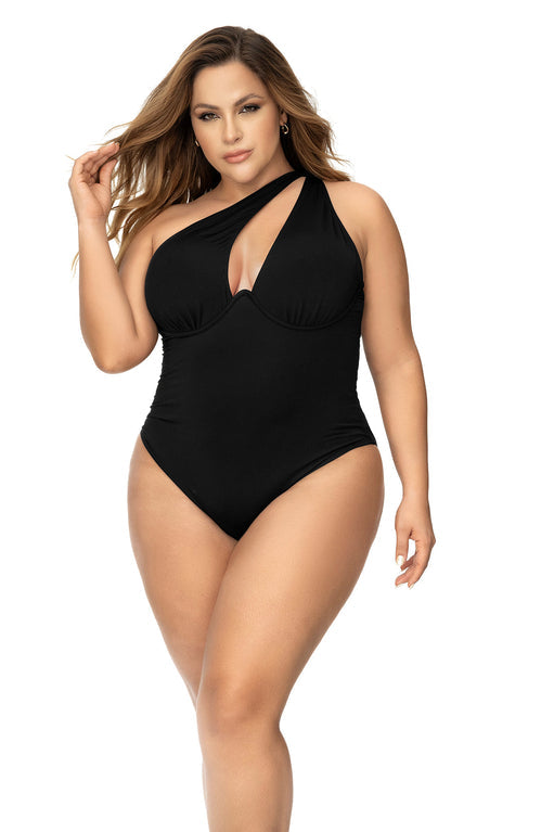 Plus size model wearing CT Lingerie Janie Sexy Black One Piece Swimsuit with stylish cutout design