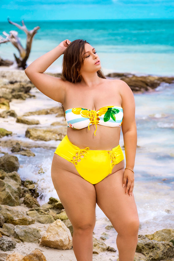 Plus size model wearing Linnea reversable plus size bikini swimsuit with yellow and floral design at rocky beach