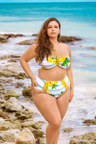 CT Lingerie Linnea reversable plus size bikini swimsuit with lemon print worn by model on rocky beach