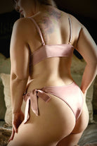 CT Lingerie tie front plus size bralette and panty blush satin set back view with side tie bow and adjustable straps