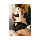 CT Lingerie black striped bra and panty set on curvy model back view with keyhole detail plus size bralette