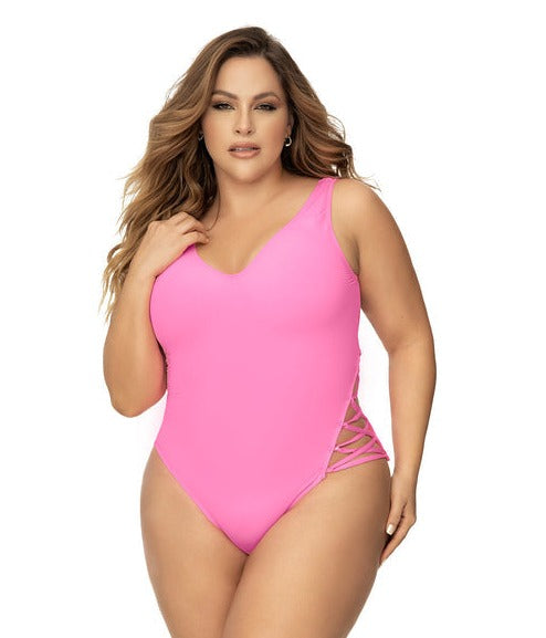 Plus size model wearing CT Lingerie Luxe Hot Pink One Piece Swimsuit with side cutout details