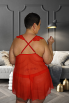 CT Lingerie red sheer plus size babydoll with crisscross straps and ruffle shoulder detail back view