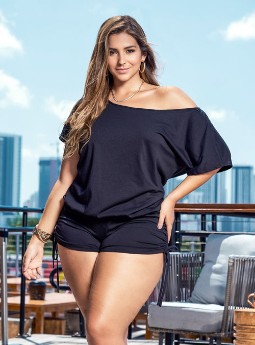 CT Lingerie plus size swimwear model wearing maya off shoulder plus size coverup in black outdoors