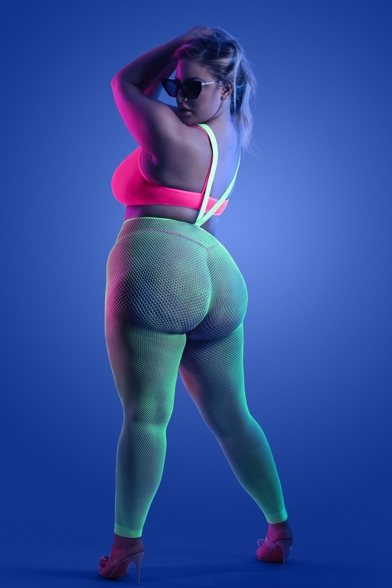 CT Lingerie plus size neon lingerie fishnet bodystocking with hot pink bralette and green mesh leggings