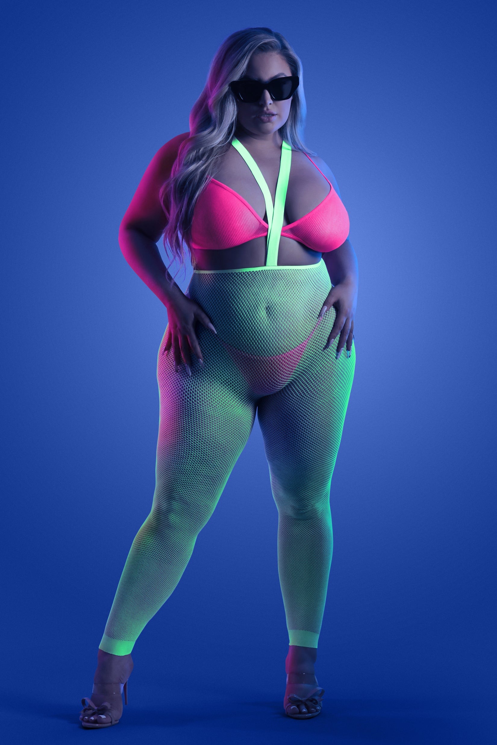 CT Lingerie plus size neon lingerie bodystocking with pink bra green fishnet full body look