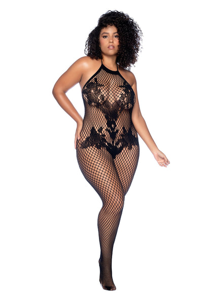CT Lingerie plus size crotchless bodystocking in black fishnet with halter neckline and floral patterns