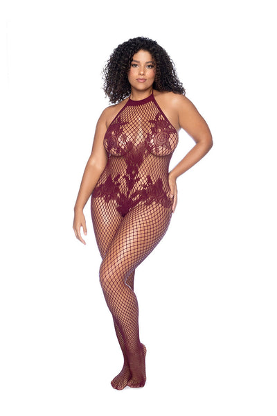 CT Lingerie plus size crotchless bodystocking in burgundy fishnet with floral lace details