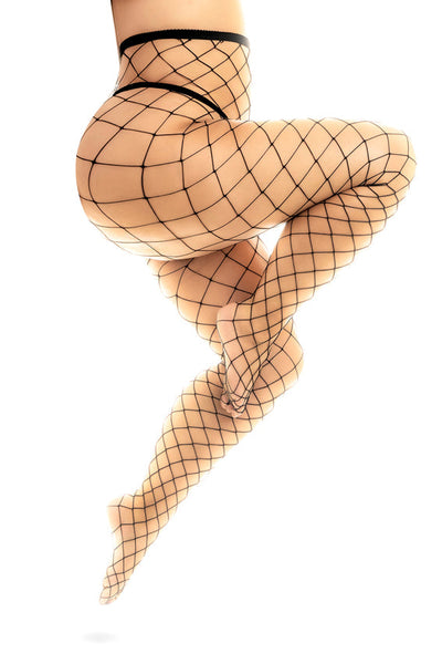 Plus size fence net pantyhose by CT Lingerie worn by model showing full leg coverage and bold net pattern