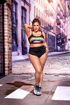 Plus size model wearing Rainbow Top & Panty Set Plus Size by CT Lingerie with black high waist bottoms and silver sneakers