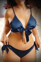CT Lingerie bralette and panty set in navy satin with sexy bow tie lingerie for women