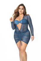 CT Lingerie Sunny sheer plus size coverup in navy blue worn over swimwear with ruched front detail