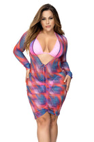 CT Lingerie plus size swimwear featuring a colorful sunny sheer plus size coverup with long sleeves and front tie